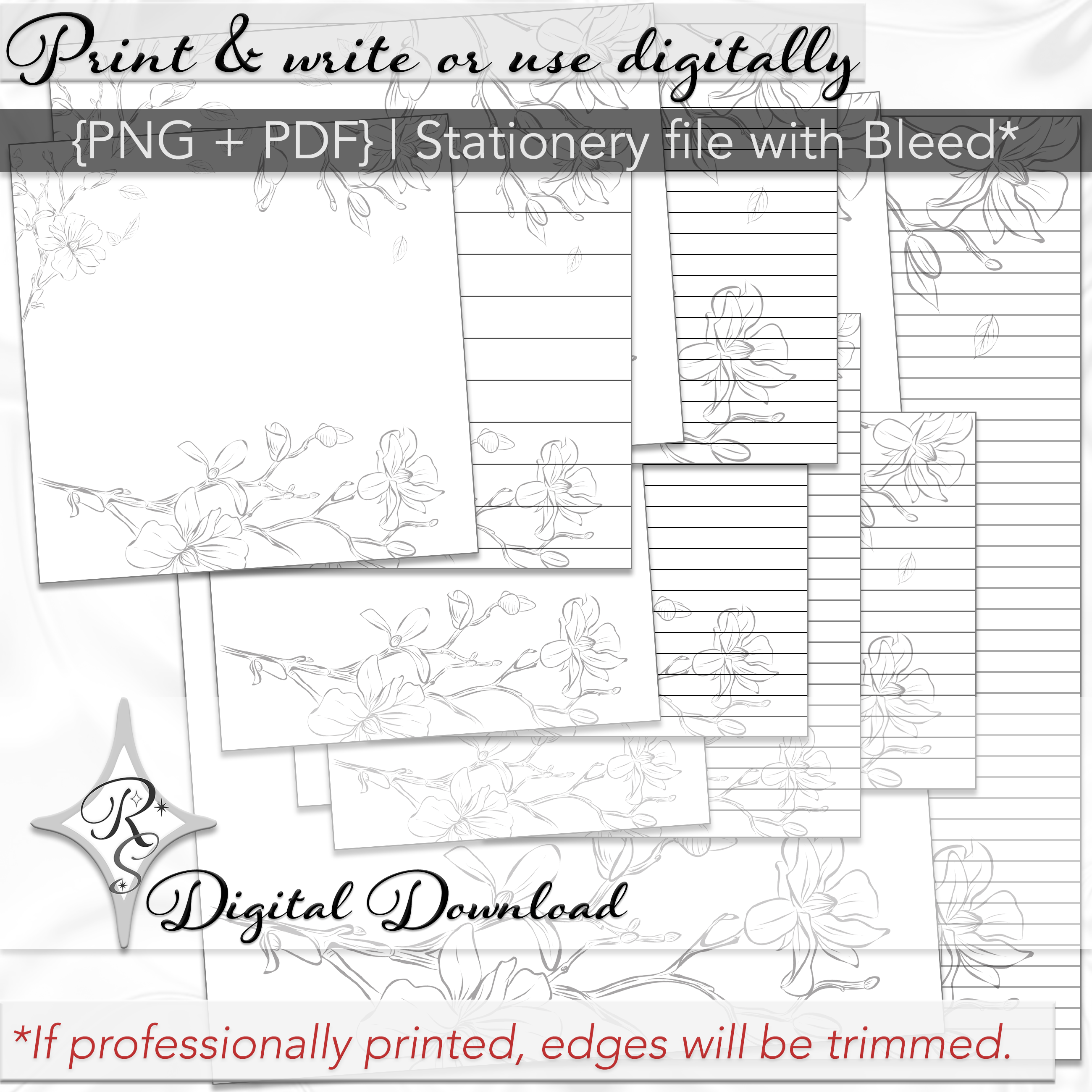 Printable Stationery Card Digital Download 5x5 5x7 7x5 6x4 4x6 8.5x11 {Blossom Line Art} on Etsy