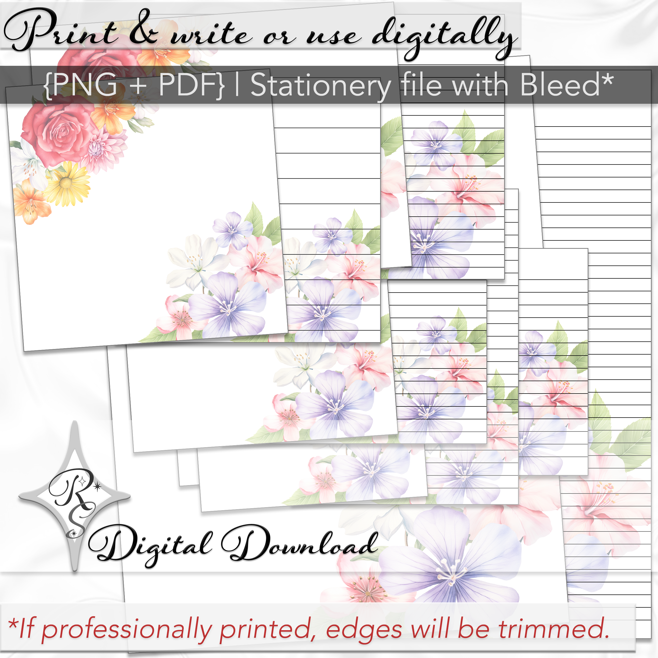 Printable Stationery Card Digital Download 5x5 5x7 7x5 6x4 4x6 8.5x11 {Spring Floral No87} on Etsy