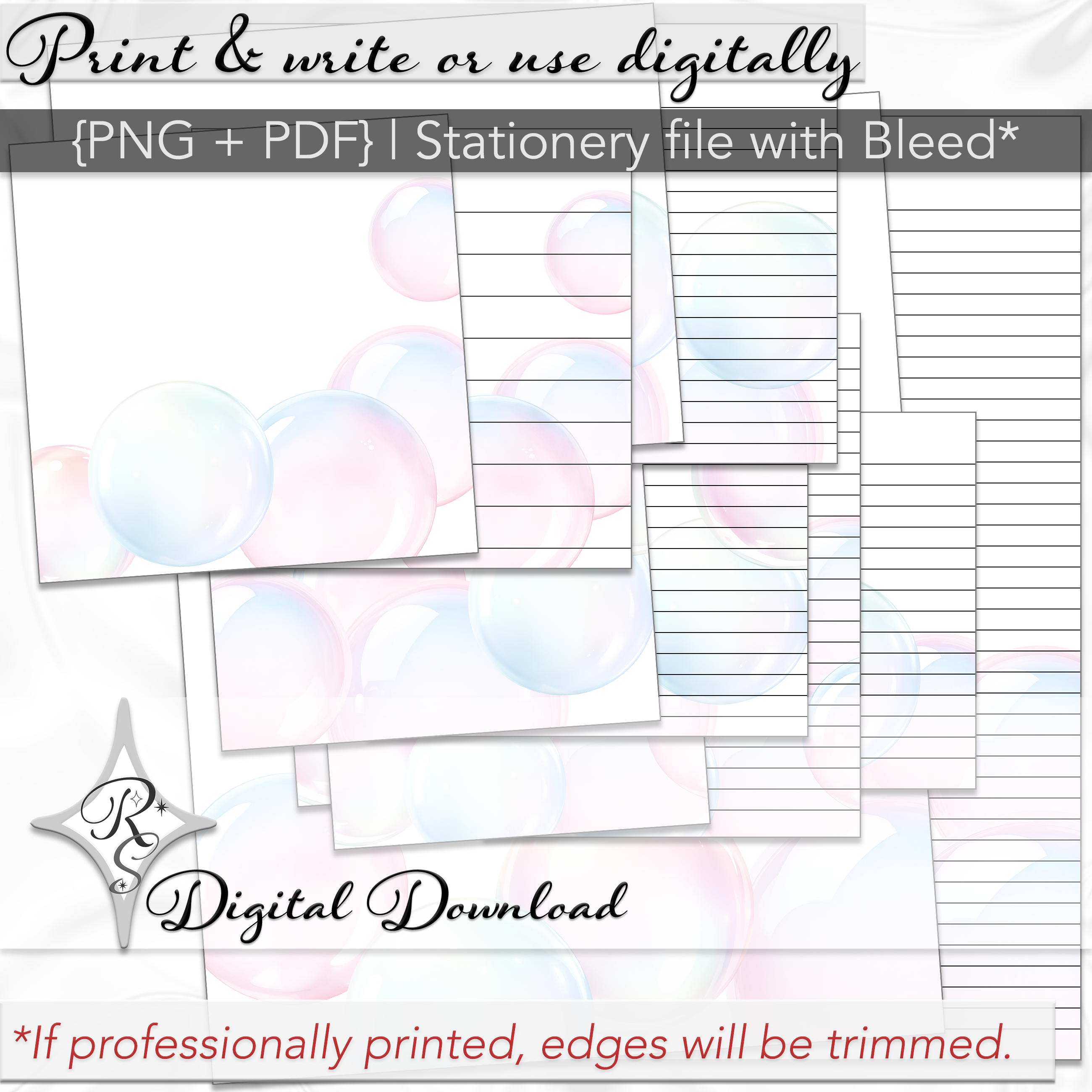 Printable Stationery Card Digital Download 5x5 5x7 7x5 6x4 4x6 8.5x11 {Bubbles} on Etsy