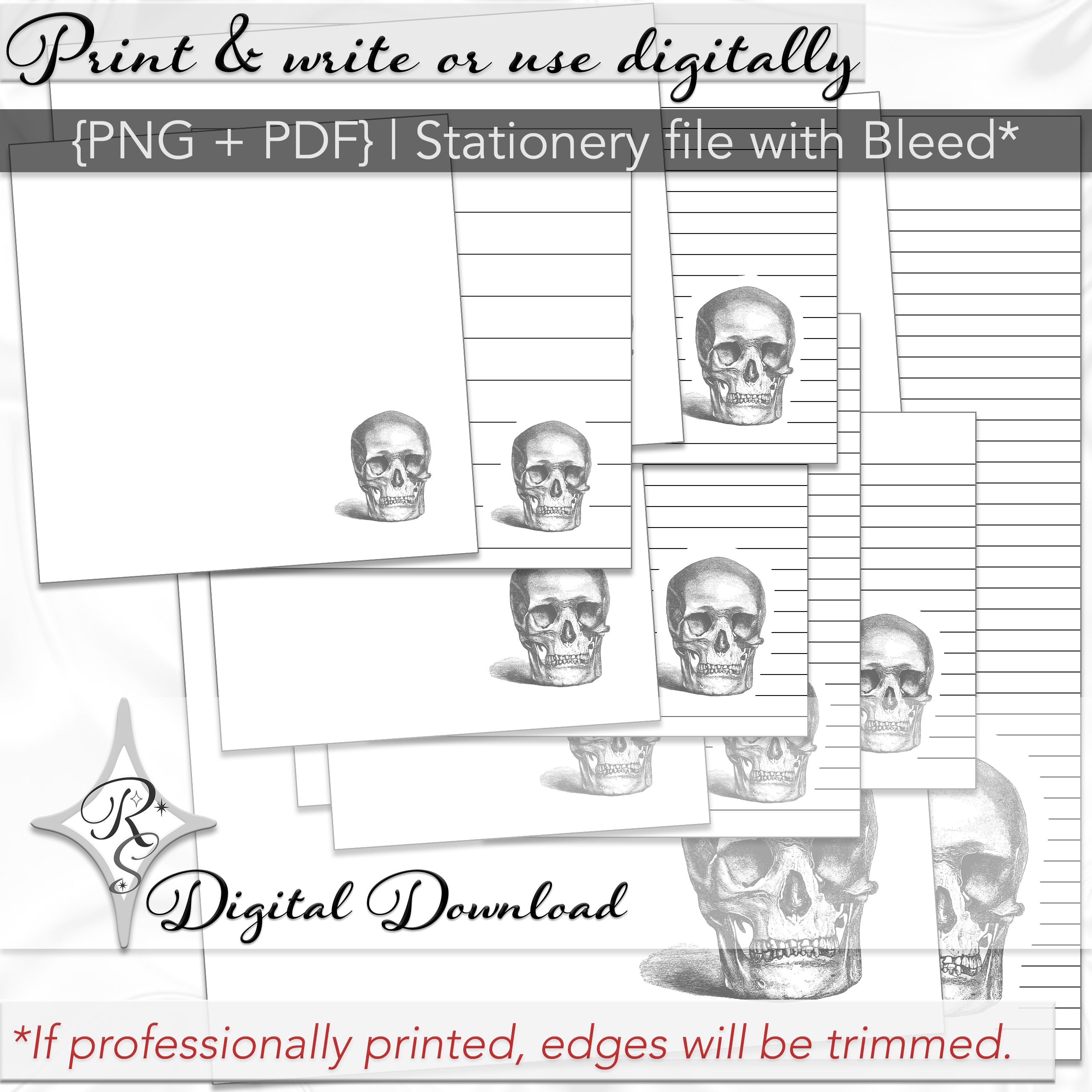 Printable Stationery Card Digital Download 5x5 5x7 7x5 6x4 4x6 8.5x11 {Halloween Skull} on Etsy