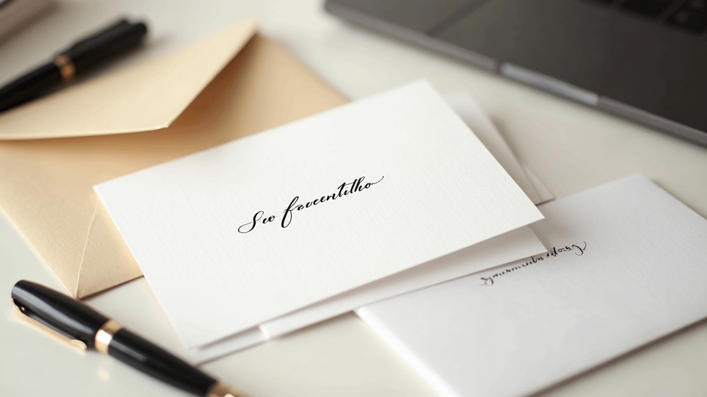 A still life of elegant personalized stationery, fountain pen, and envelopes arranged artistically on a clean desk.